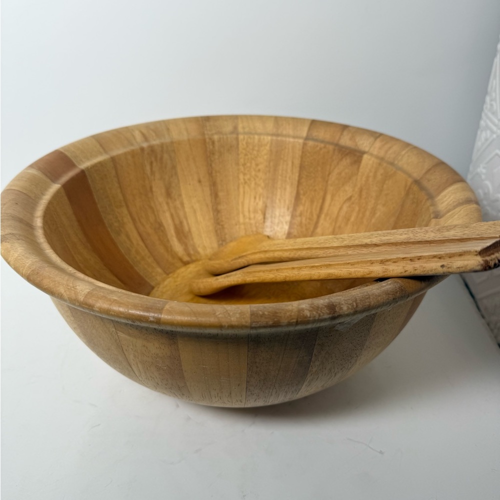 THOMAS Wooden Salad Serving Set, 14" Serving Bowl, Fork & Spoon 3 pcs Vintage.